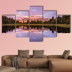 Lake Matheson With Mount Cook - Nature 5 Panel Canvas Art Wall Decor