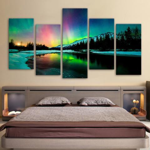 Lake Mountain Aurora - Nature 5 Panel Canvas Art Wall Decor Lake Mountain Aurora - Nature 5 Panel Canvas Art Wall Decor