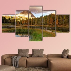 Lake Mountain Landscape With Alps Peak Reflection - Nature 5 Panel Canvas Art Wall Decor