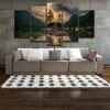 Lake Mountains Lightning 2 - Nature 5 Panel Canvas Art Wall Decor