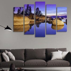 Lake Tahoe At Sunset Granite Boulders - Nature 5 Panel Canvas Art Wall Decor