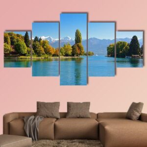 Lake Thun With Jungfrau Mountain In Autumn - Nature 5 Panel Canvas Art Wall Decor