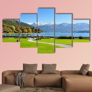 Lake Thun With Jungfrau Mountain - Nature 5 Panel Canvas Art Wall Decor