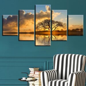 Lake Tree Blue - Nature 5 Panel Canvas Art Wall Decor