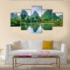 Lake With Karst Mountain Landscape In Guilin - Nature 5 Panel Canvas Art Wall Decor