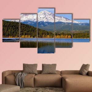 Lake With Snowy Mountain In Northern California 1 - Nature 5 Panel Canvas Art Wall Decor
