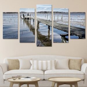 Lake With Wooden Dock - Nature 5 Panel Canvas Art Wall Decor