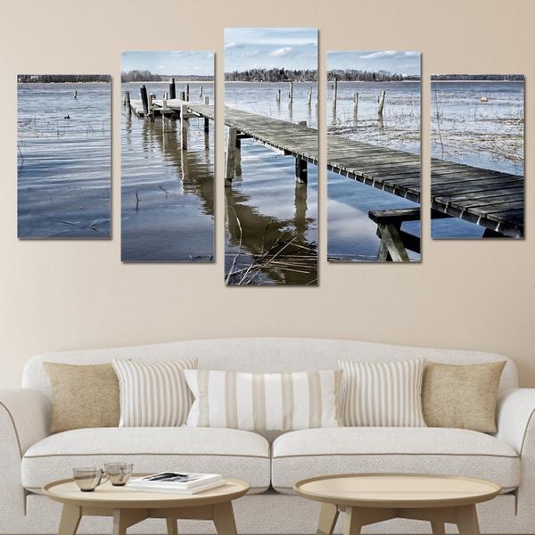 Lake With Wooden Dock - Nature 5 Panel Canvas Art Wall Decor Lake With Wooden Dock - Nature 5 Panel Canvas Art Wall Decor