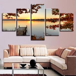 Lake Woods Bridge Red Tree Sunset 1 - Nature 5 Panel Canvas Art Wall Decor