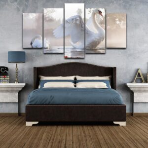 Lakes Swans - Animal 5 Panel Canvas Art Wall Decor
