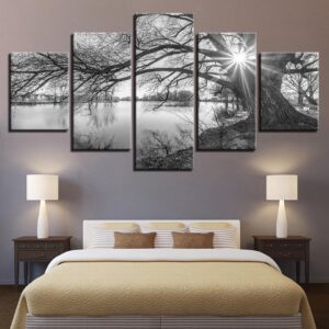Lakeside Big Trees Black White Landscape - Nature 5 Panel Canvas Art Wall Decor