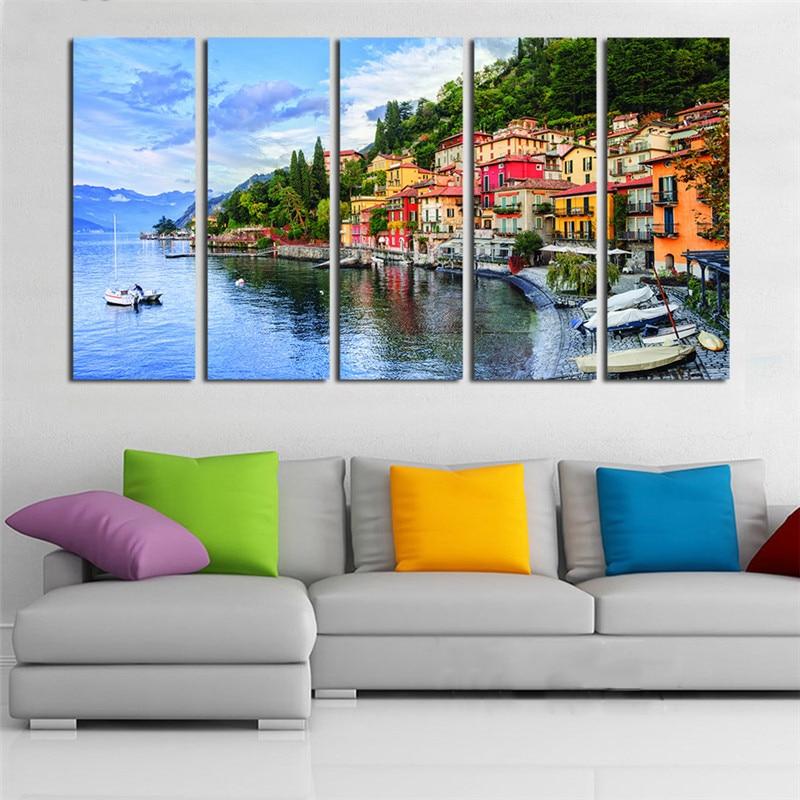 Lakeside Town Color House Ship Tree - Nature 5 Panel Canvas Art Wall Decor Lakeside Town Color House Ship Tree - Nature 5 Panel Canvas Art Wall Decor