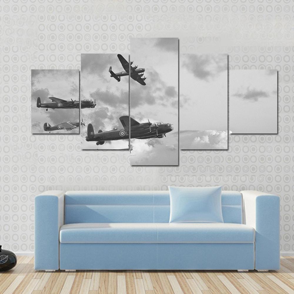 Lancaster Bombers From Battle Of Britain In World War - Airplane 5 Panel Canvas Art Wall Decor Lancaster Bombers From Battle Of Britain In World War - Airplane 5 Panel Canvas Art Wall Decor