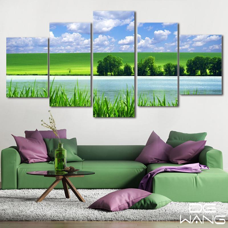 Landscape And Green Grassland - Nature 5 Panel Canvas Art Wall Decor Landscape And Green Grassland - Nature 5 Panel Canvas Art Wall Decor