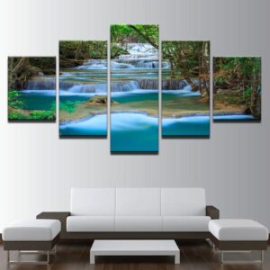 Landscape River Waterfall Trees Creek Mountain Stream - Nature 5 Panel Canvas Art Wall Decor