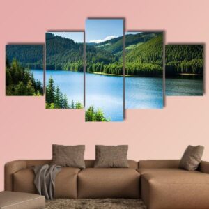 Landscape With A Lake In The Mountains And Pine Forests - Nature 5 Panel Canvas Art Wall Decor