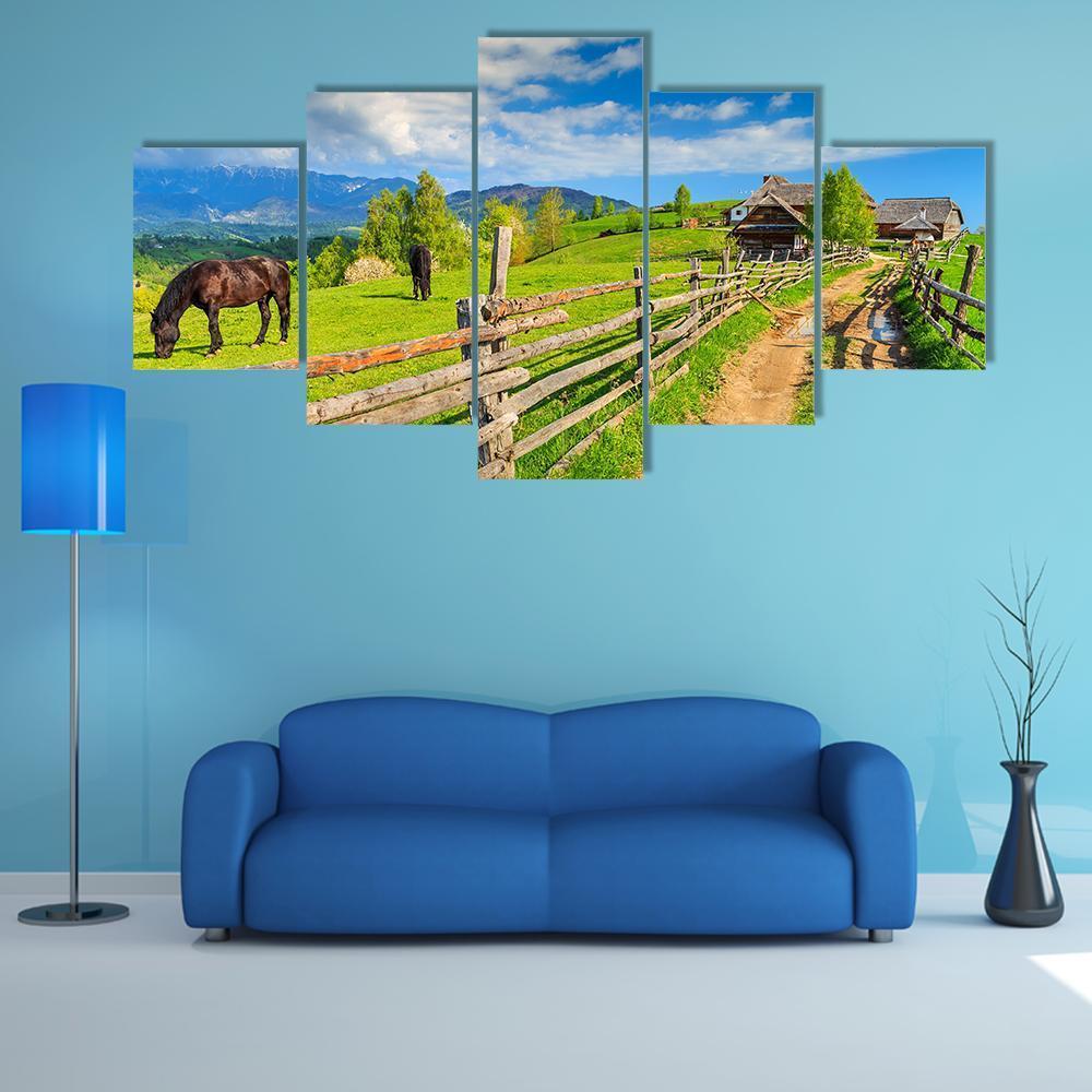 Landscape With Grazing Horses - Nature 5 Panel Canvas Art Wall Decor Landscape With Grazing Horses - Nature 5 Panel Canvas Art Wall Decor