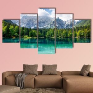 Landscape With Turquoise Lake Forest And Mountains - Nature 5 Panel Canvas Art Wall Decor