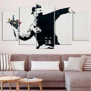 Large Banksy Rage The Flower Thrower - Abstract 5 Panel Canvas Art Wall Decor