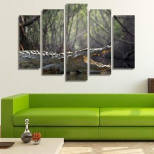 Large Crocodile With Its Mouth Open - Animal 5 Panel Canvas Art Wall Decor