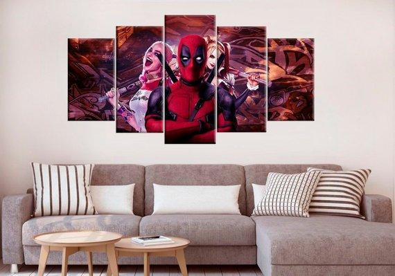 Large Deadpool Harley Quinn Modern - Movie 5 Panel Canvas Art Wall Decor Large Deadpool Harley Quinn Modern - Movie 5 Panel Canvas Art Wall Decor