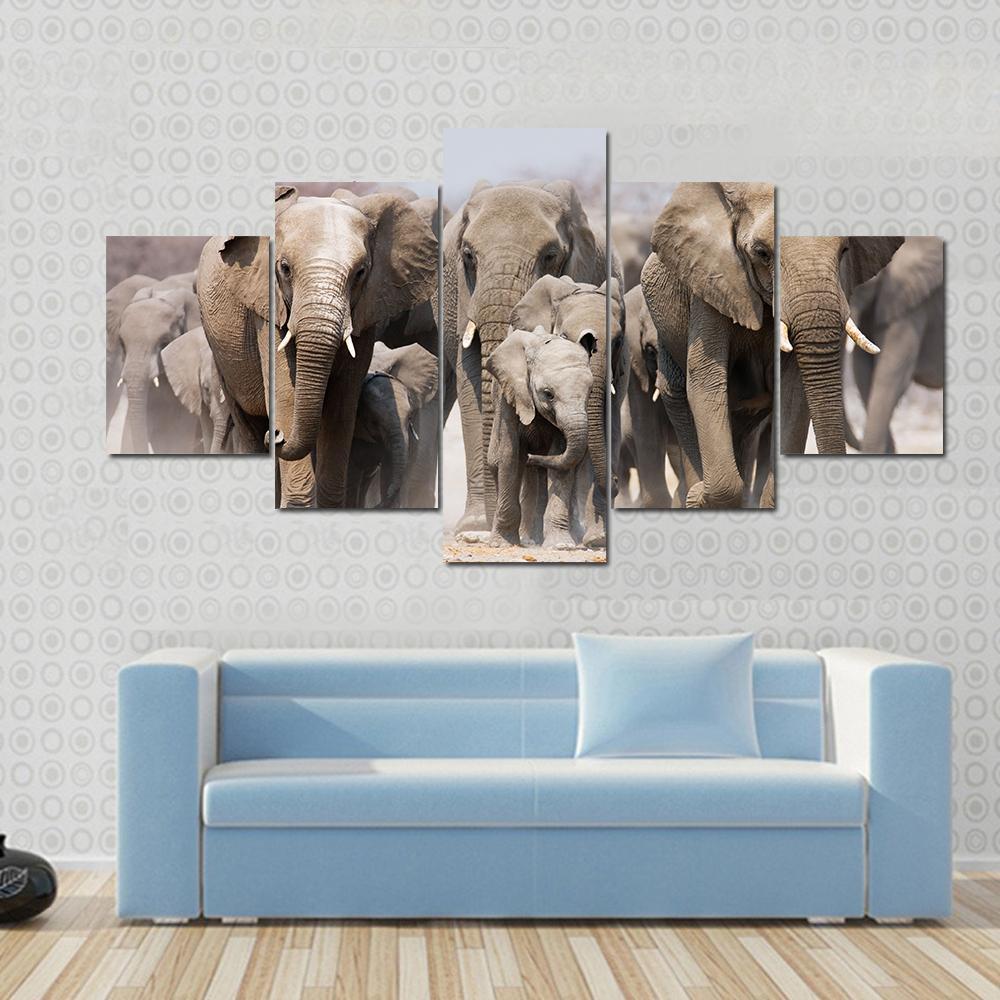 Large Herd Of Elephants - Animal 5 Panel Canvas Art Wall Decor Large Herd Of Elephants - Animal 5 Panel Canvas Art Wall Decor