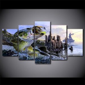 Large Mouth Bass Fish - Fishing 5 Panel Canvas Art Wall Decor