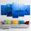 Large Shark Painting Deep Blue Sea- Ocean 5 Panel Canvas Art Wall Decor