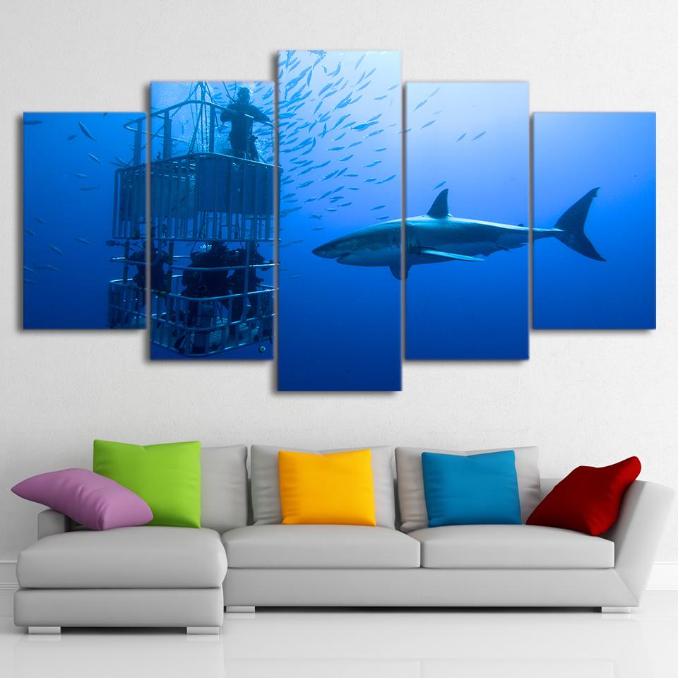 Large Shark Painting Deep Blue Sea- Ocean 5 Panel Canvas Art Wall Decor Large Shark Painting Deep Blue Sea- Ocean 5 Panel Canvas Art Wall Decor