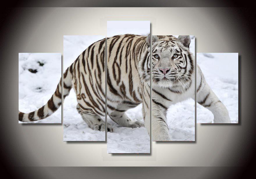 Large White Tiger In Snow - Animal 5 Panel Canvas Art Wall Decor Large White Tiger In Snow - Animal 5 Panel Canvas Art Wall Decor