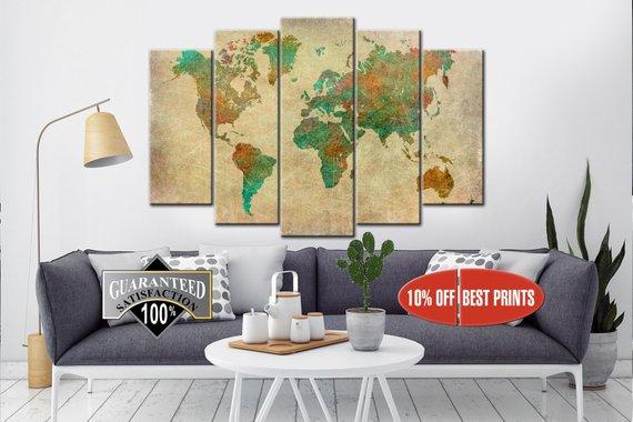 Large World Map - Abstract 5 Panel Canvas Art Wall Decor Large World Map - Abstract 5 Panel Canvas Art Wall Decor