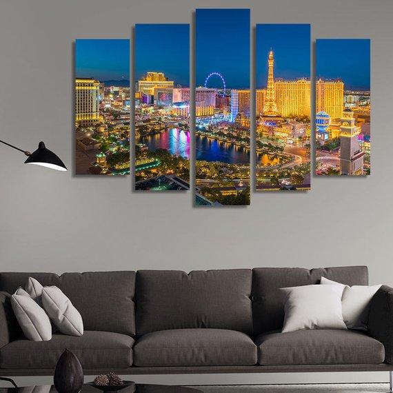 Las Vegas At Night - Nature 5 Panel Canvas Art Wall Decor Las Vegas At Night - Nature 5 Panel Canvas Art Wall Decor