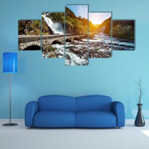 Latefossen Waterfall Odda In Norway - Nature 5 Panel Canvas Art Wall Decor