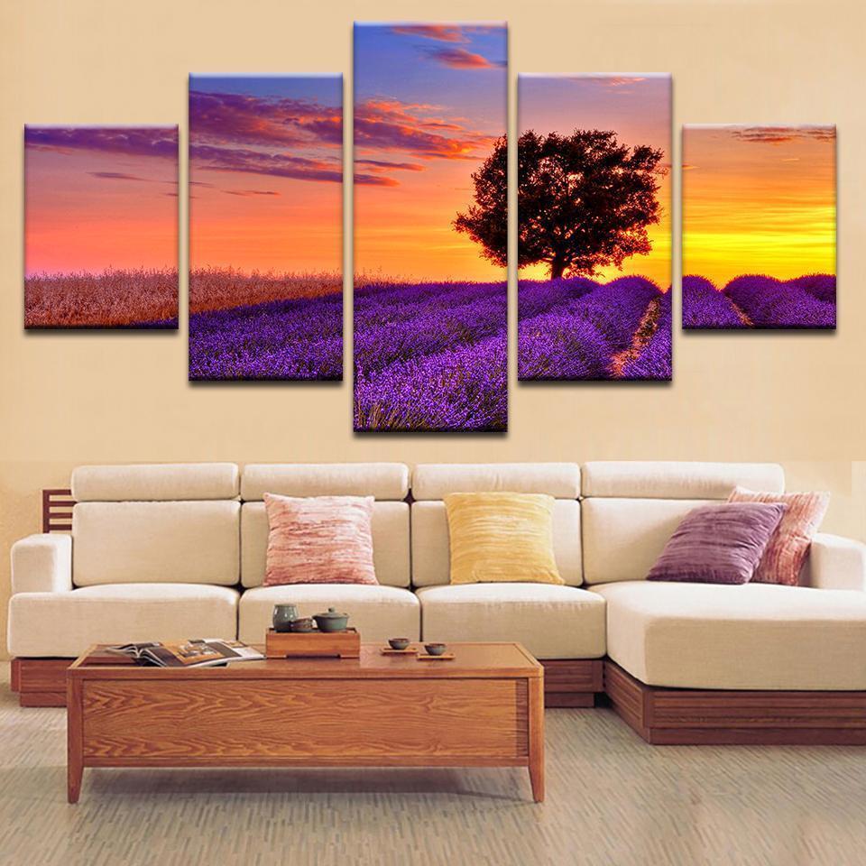 Lavender Field And The Sunset - Nature 5 Panel Canvas Art Wall Decor Lavender Field And The Sunset - Nature 5 Panel Canvas Art Wall Decor