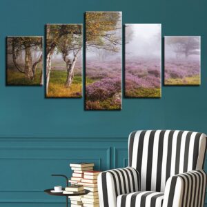 Lavender Flowers And Trees - Nature 5 Panel Canvas Art Wall Decor