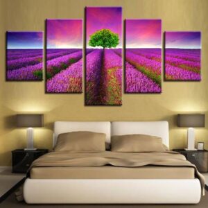 Lavender Flowers Sea Green Tree - Nature 5 Panel Canvas Art Wall Decor