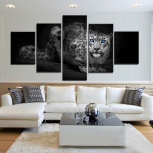 Leopard In Black And White - Animal 5 Panel Canvas Art Wall Decor