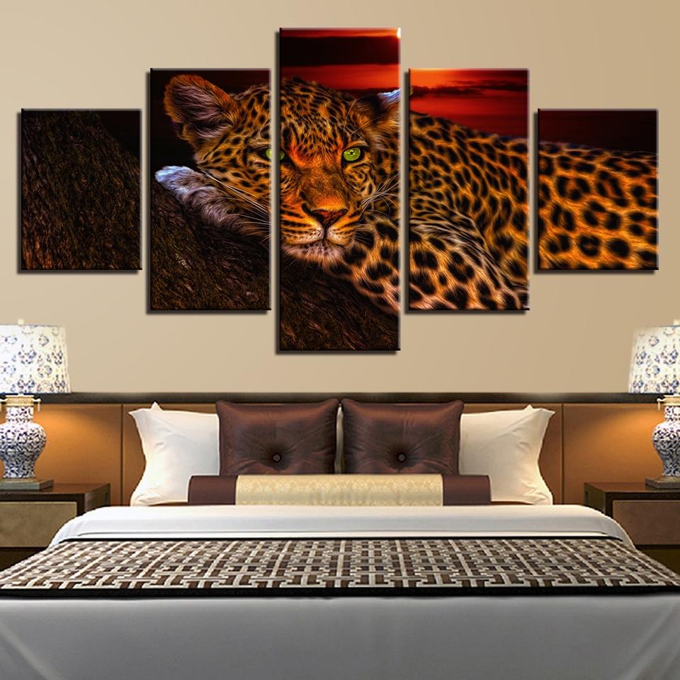 Leopard Sunset - Animal 5 Panel Canvas Art Wall Decor Leopard Sunset - Animal 5 Panel Canvas Art Wall Decor
