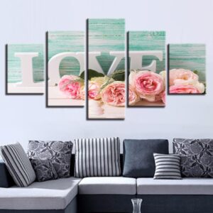 Letters Love And Pink Roses - Nature 5 Panel Canvas Art Wall Decor