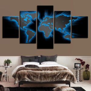 Light Blue World Map - Abstract 5 Panel Canvas Art Wall Decor