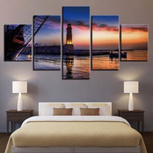 Lighthouse At Sunset 1 - Nature 5 Panel Canvas Art Wall Decor