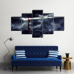 Lighthouse Illuminated At Night Stormy Sea In Thunderstorm - Nature 5 Panel Canvas Art Wall Decor