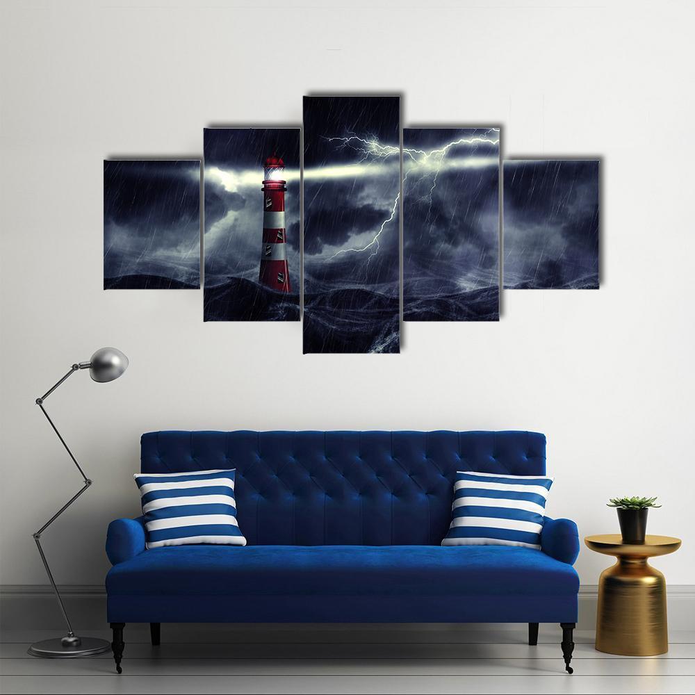 Lighthouse Illuminated At Night Stormy Sea In Thunderstorm - Nature 5 Panel Canvas Art Wall Decor Lighthouse Illuminated At Night Stormy Sea In Thunderstorm - Nature 5 Panel Canvas Art Wall Decor