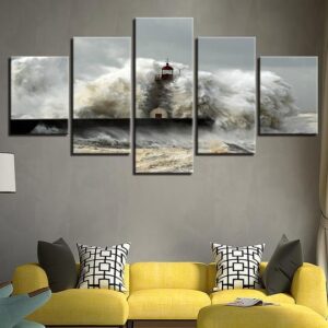 Lighthouse In A Storm Giant Wave - Nature 5 Panel Canvas Art Wall Decor