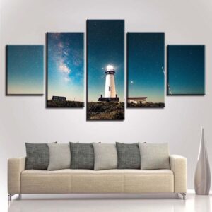 Lighthouse Starry Sky - Nature 5 Panel Canvas Art Wall Decor