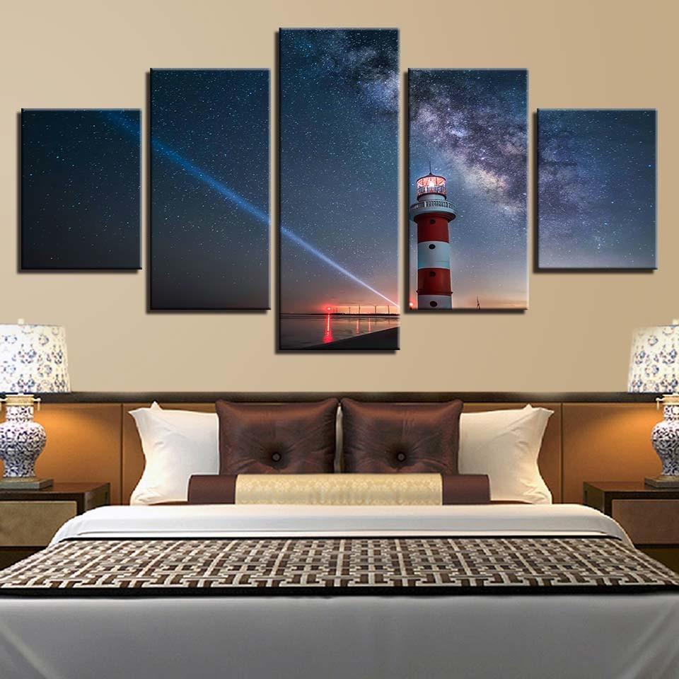 Lighthouse with stars - Space 5 Panel Canvas Art Wall Decor Lighthouse with stars - Space 5 Panel Canvas Art Wall Decor