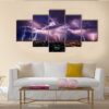 Lightning Storm Over City In Purple Light - Nature 5 Panel Canvas Art Wall Decor