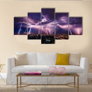 Lightning Storm Over City In Purple Light - Nature 5 Panel Canvas Art Wall Decor