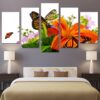 Lilies and orange butterflies - Abstract 5 Panel Canvas Art Wall Decor