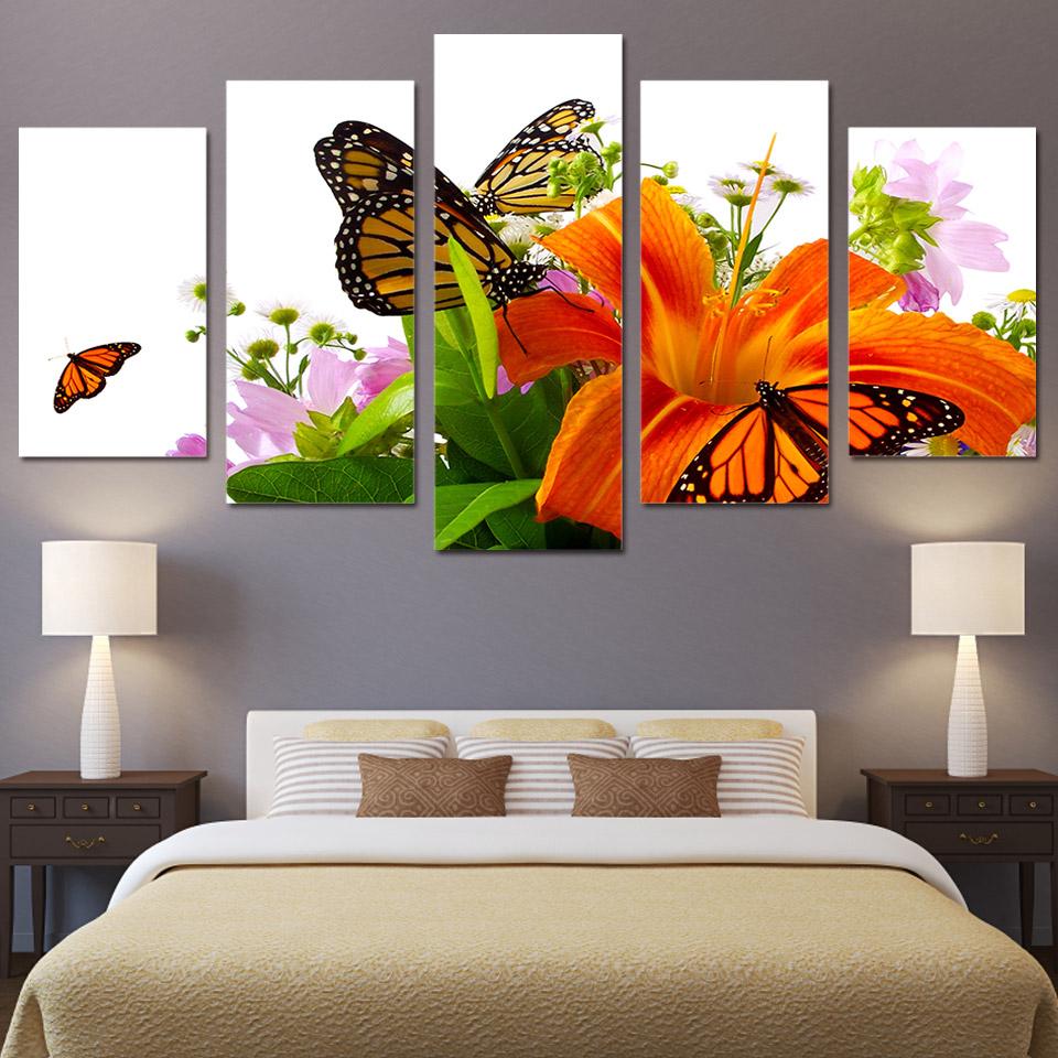 Lilies and orange butterflies - Abstract 5 Panel Canvas Art Wall Decor Lilies and orange butterflies - Abstract 5 Panel Canvas Art Wall Decor